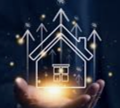 Conceptual real estate investment graphic showing protective hands with geometric house designs representing property development and investment security
